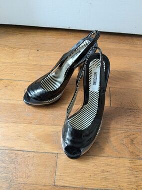 Y2K Moschino Black Patent Leather and Clear Plastic Slingback Heels